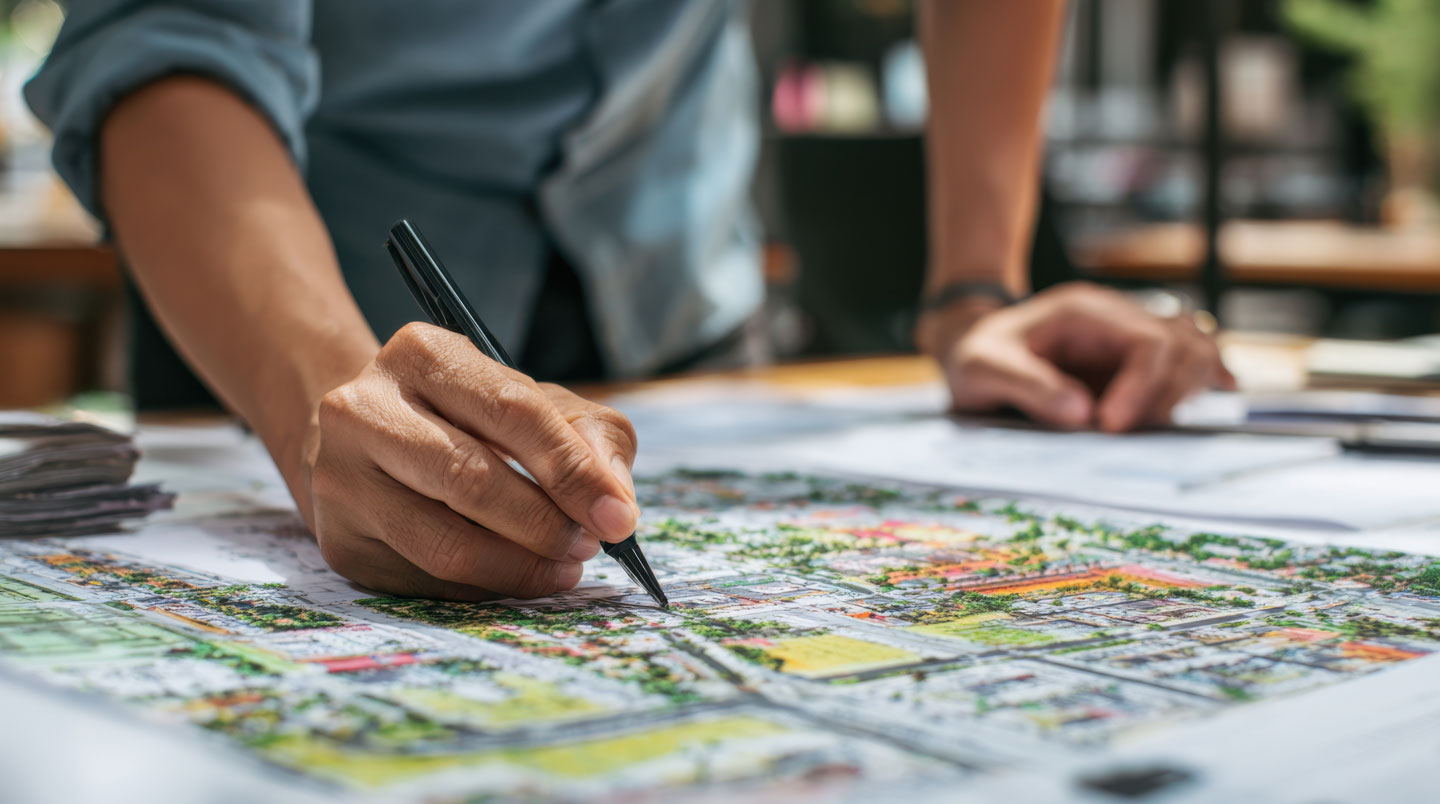 Carte isométrique d'un quartier montrant les projets d'infrastructure à venir.